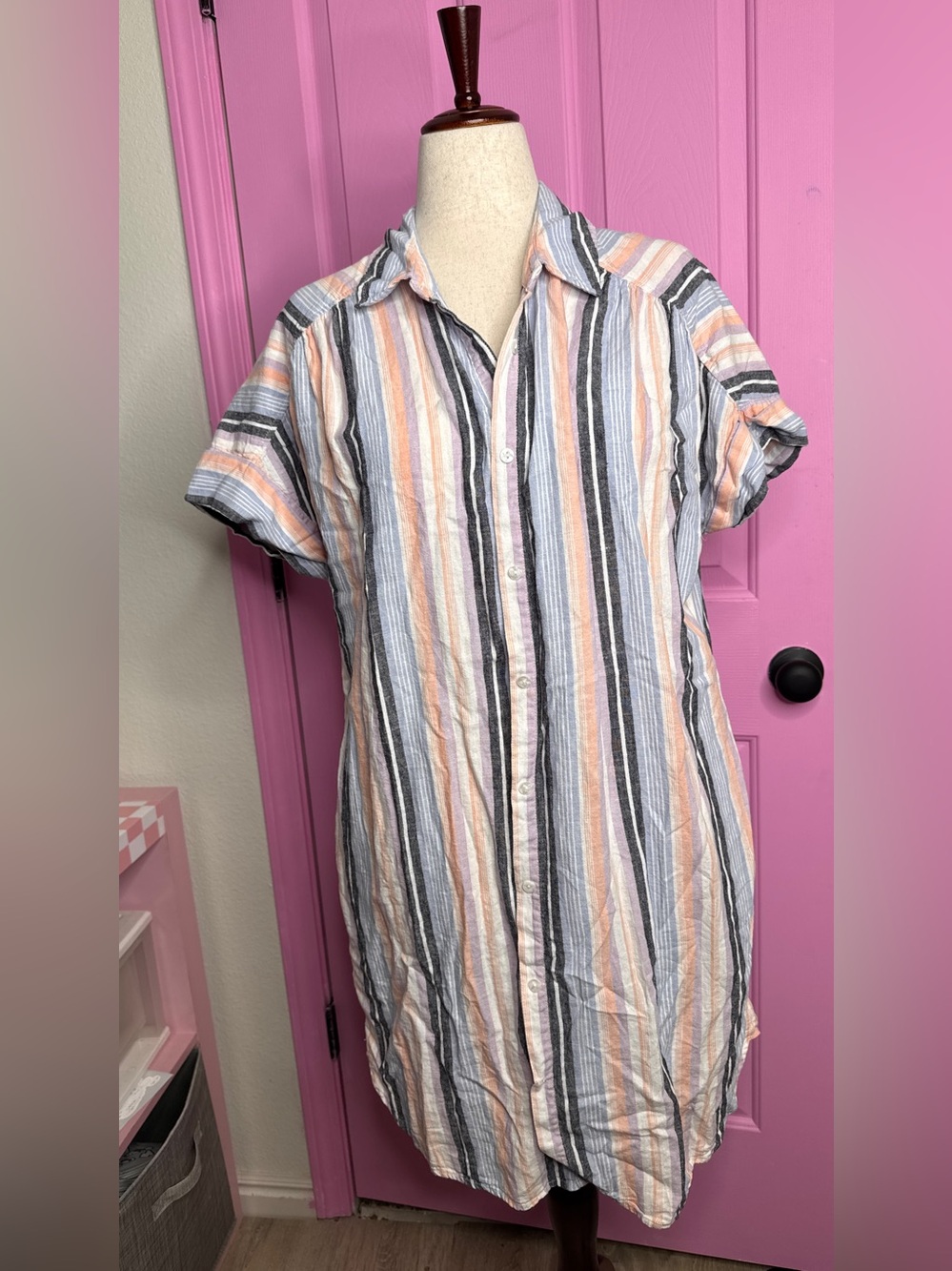 Eco Threads Striped Peach, Gray & White Button-Down Shirt Dress